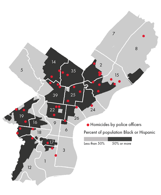 Map of homicides by police from 2013-2020 and Black and Hispanic population in Philadelphia by police district
